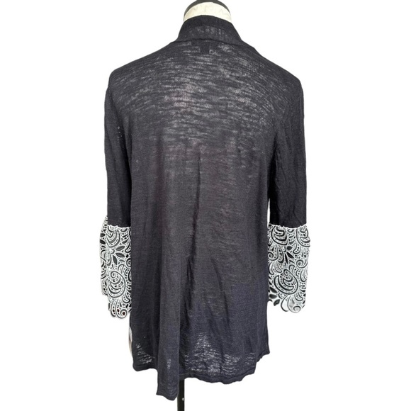 Alfani Open Front Linen Cardigan Black Sweater White Lace Bell Cuffs Size Large - Picture 5 of 16